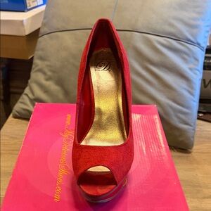 Delicious Red Suede Peep-Toe Pump with Gold Insole